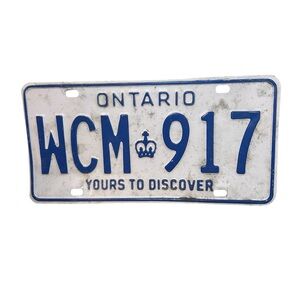 Vintage Ontario License Plate WCM 917 “Yours to Discover” Blue‎ on White Canada
